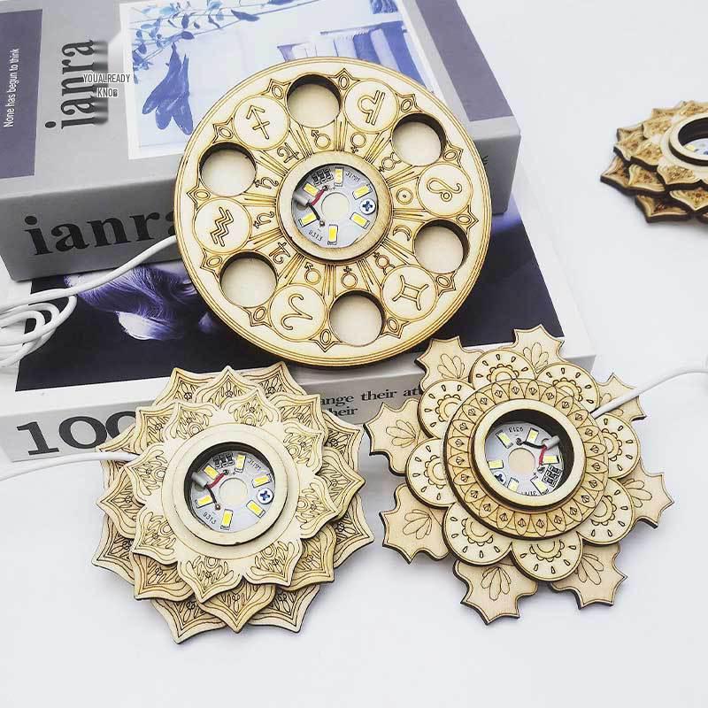 Three-Layer Lotus LED Night Light: Wooden Root Carving Base for Crystal Ball with Cool & Warm Colors