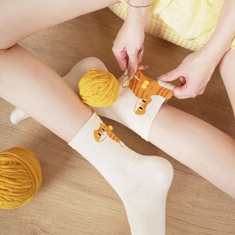 Socks Women's Cute Funny Cat Ins Korean Mid-tube Sleeping Socks Creative Combed Cotton Mid Tube Socks Woman 2025 New Year Gift