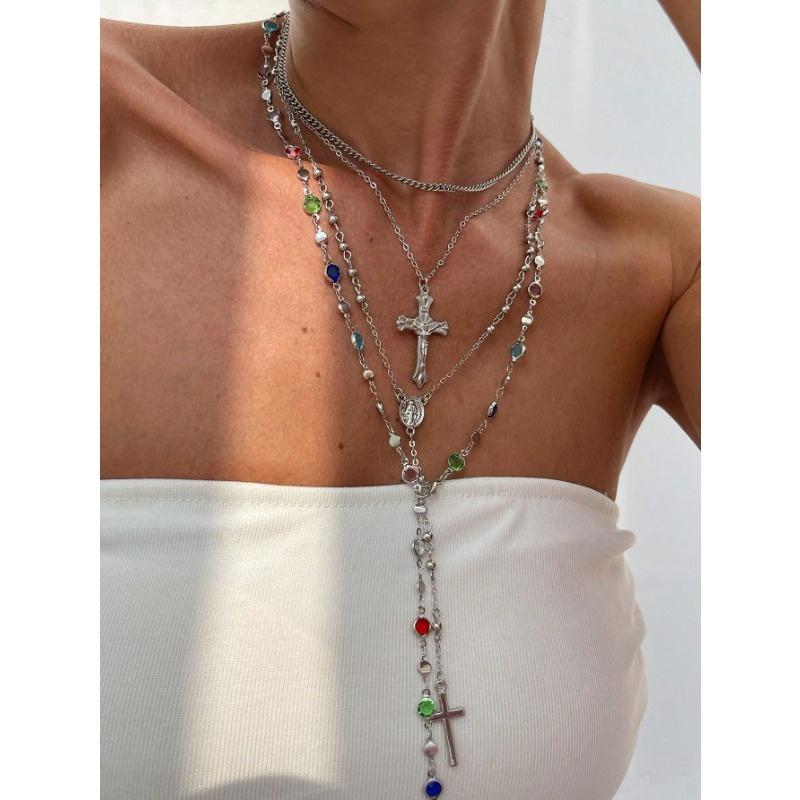 4pcs/Set Bohemian Style Colorful Crystal & Vintage Metal Cross Pendant Y-Necklace Set, Suitable For Women's Everyday And Holiday Wear