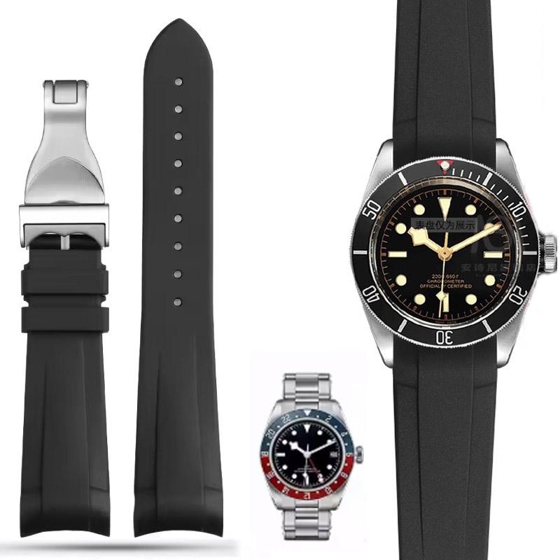 Bracelet de Montre Courbé en Caoutchouc pour Tudor Rudder Biwan Bronze Petite Fleur de Cuivre Fleur Rouge Bracelet de Montre 22mm Bracelet de Montre Étanche