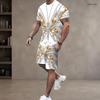 Men s Plus Size Round Neck Short Sleeve Printed Top And Drawstring Shorts With Pockets Two Piece Set Black Blue Green