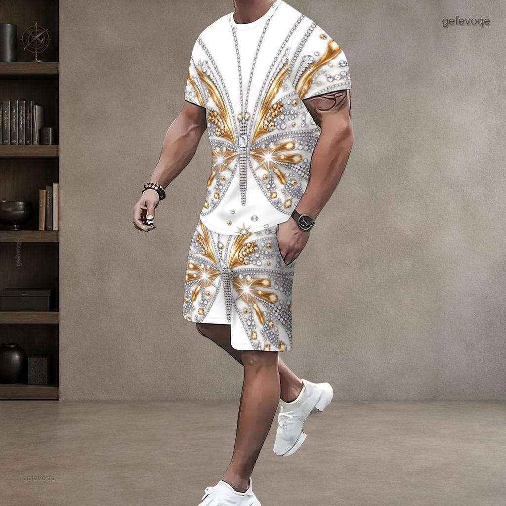Men s Plus Size Round Neck Short Sleeve Printed Top And Drawstring Shorts With Pockets Two Piece Set Black Blue Green