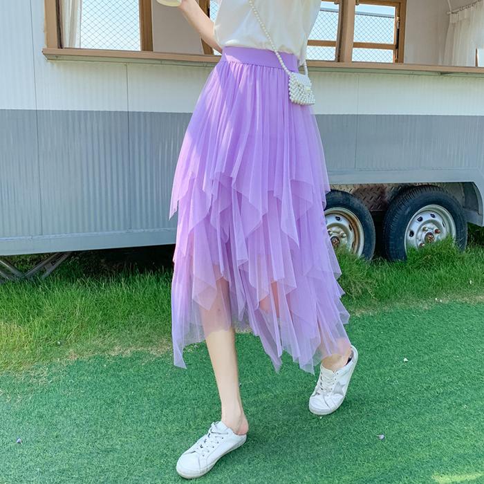 Women Spring Fall High Waist All Match Multi-Layer Color Matching Mesh A Line Skirt
