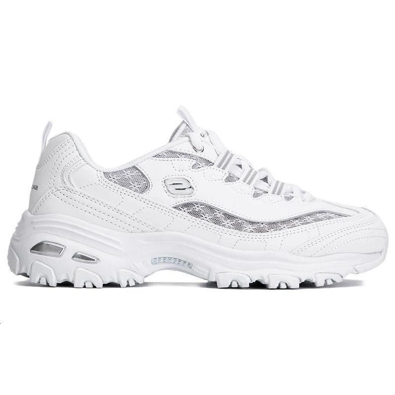 Skechers D'Lites 1.0 Leather Low Top Chunky Sneakers Women's White Silver 896235-WSL