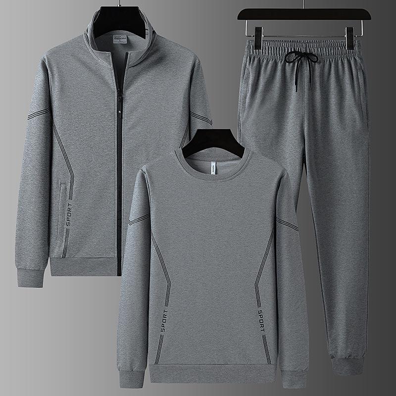 Men's Plus Size Cotton Sportswear Set: Stand Collar Jacket & Crew Neck Sweatshirt, Two or Three Piece Casual Set