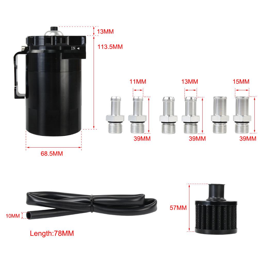 Universal Black Baffled Aluminum Oil Catch Tank Can Reservoir Tank with 11mm/15mm Fittings and Oil Dipstick