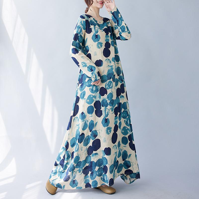 Real spring new literary large size loose printing round neck long sleeve dress women's long dress
