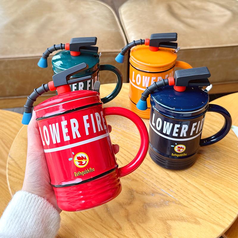 Fire Extinguisher Ceramic Cup Creative Personality Trendy Design Office Coffee Mug Funny Cup with Lid and Spoon 480ml