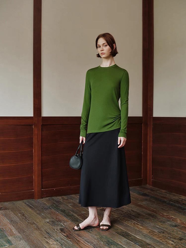 Wen Jiu A-Line Long Skirt: Slanted Cut Wool, Solid Color, Winter Elastic Waist, Slimming Half Skirt