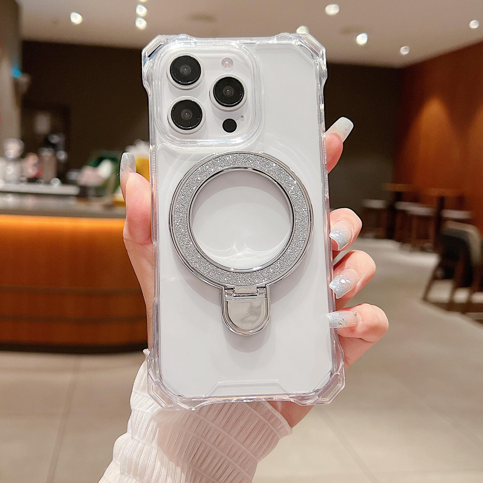 For iPhone 16 Pro Case Glitter Magnetic Kickstand Reinforced Corners Acrylic+TPU Phone Cover B