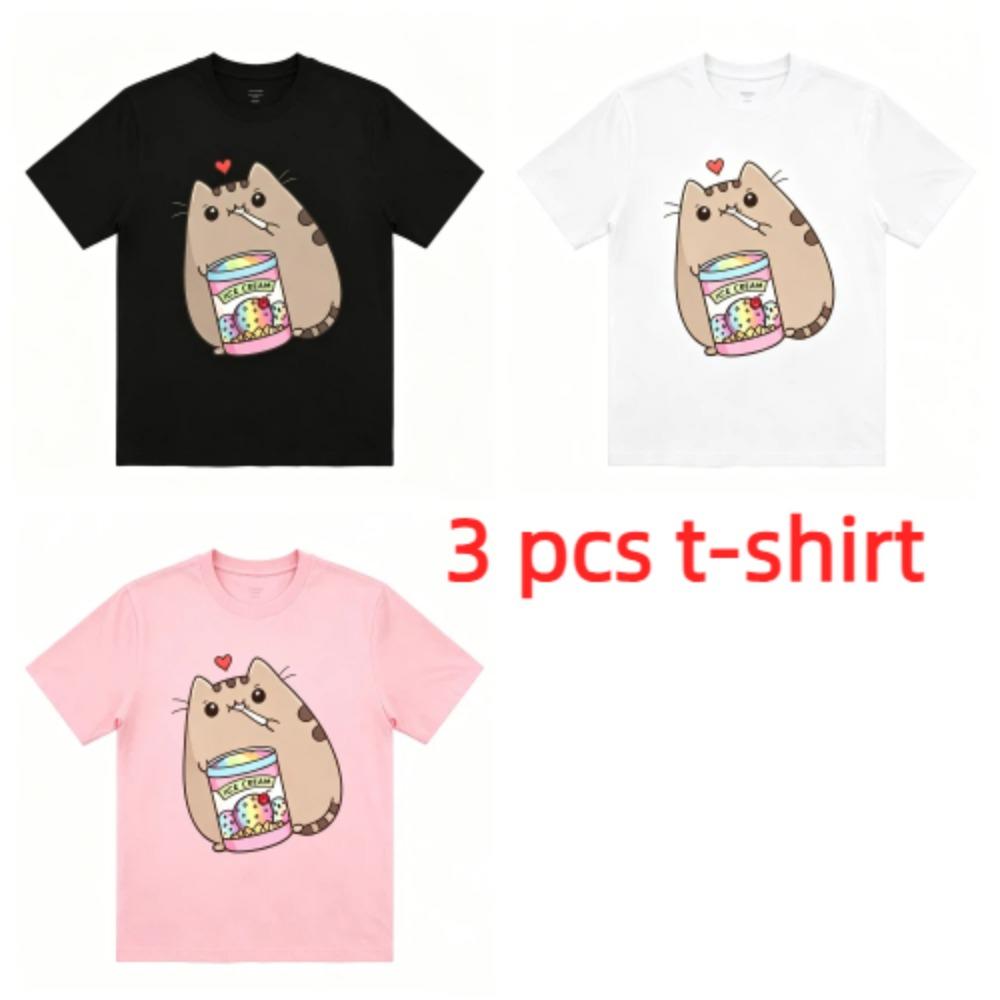 A Cat That Eats Snacks Print Kids T-Shirts Summer Fashion Street Outdoor Casual T-shirt Tops for Boy and Girl's Tees Top
