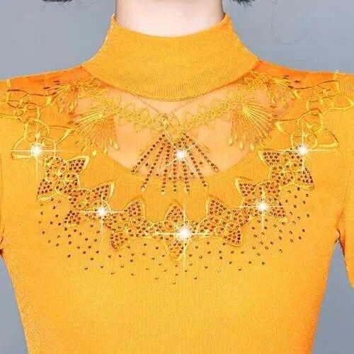 Autumn New Fashion Bottoming Shirt Women's Mesh Collar Slim Mom's Clothing Long Sleeve Top M-5XL