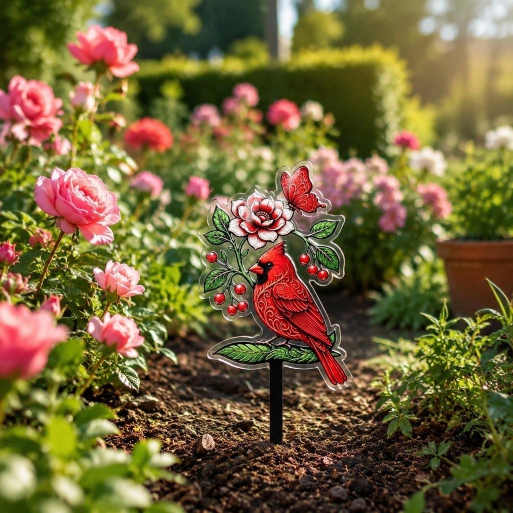2D Acrylic Garden Stake Featuring Bird and Floral Design Suitable for Outdoor Lawn Decoration and Yard Ornament
