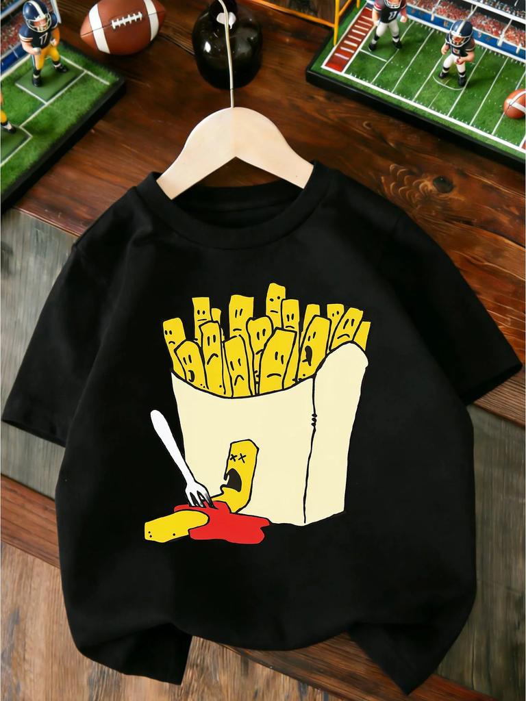 Funny Cartoon French Fries Graphic Kids Short Sleeve T Shirt Cute Snack Print Boys Girls Casual Summer Tee Top