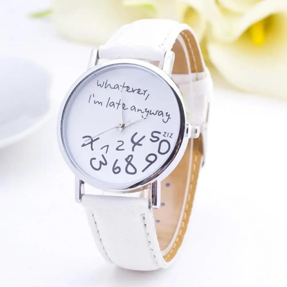 Women Whatever Im Late Anyway Letter Round Dial Faux Leather Strap Quartz Watch Fashion Letters Numbers Adjustable Women's Watch