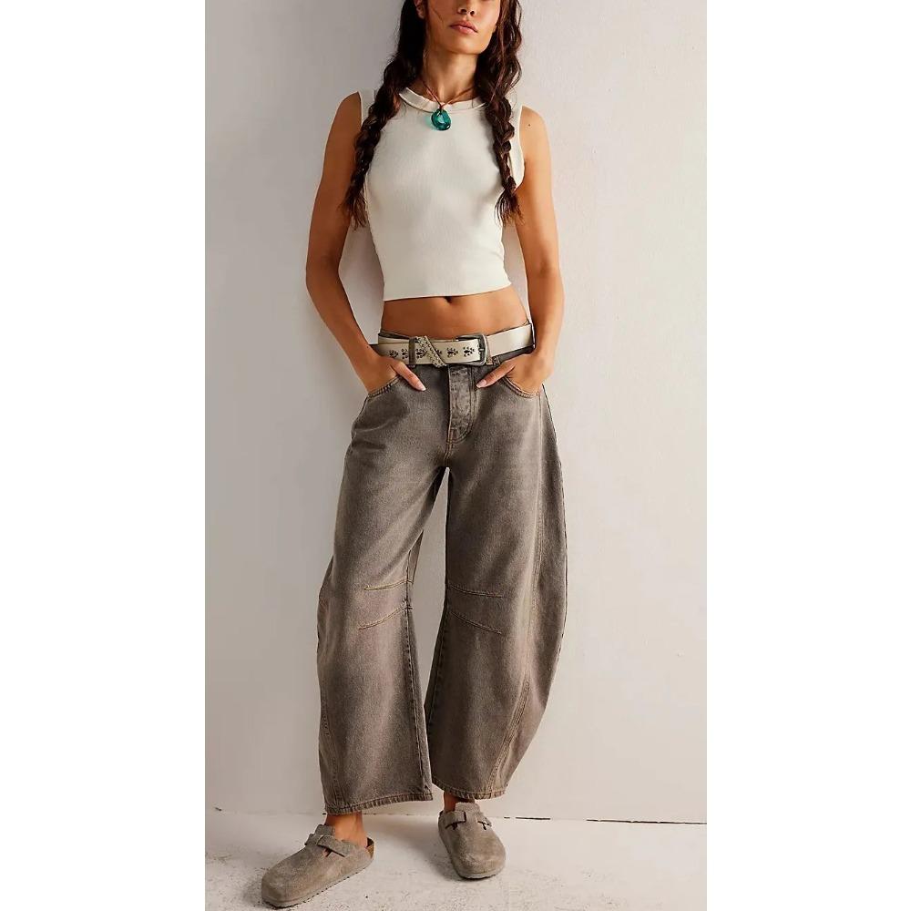 Jeans larghi a vita media-bassa da donna, vestibilità rilassata, casual, con cuciture sul ginocchio, lavaggio vintage, pantaloni lunghi in denim, streetwear quotidiano, autunno, pantaloni larghi in denim