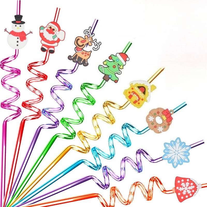 Christmas Plastic Drinking Straws Cute Santa Snowflake Reindeer Straws Party Favors for Kids Holiday Xmas Party Supplies