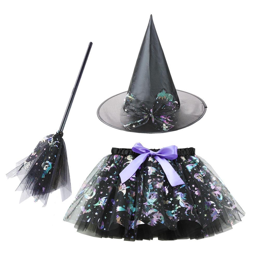 3Pcs/set Pointy Hat Kids Witch Dress Set Wizard Halloween Cosplay Costumes  Girls