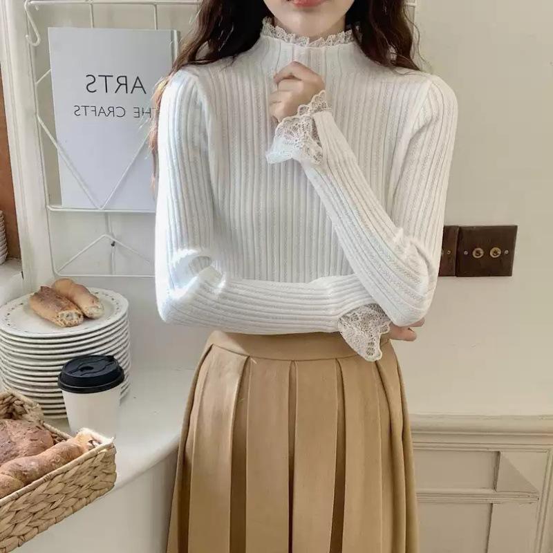 Lace - Trimmed Sweater Women's Spring and Autumn Half Turtleneck Slim Pullover Casual Long - Sleeved Knitted Sweater