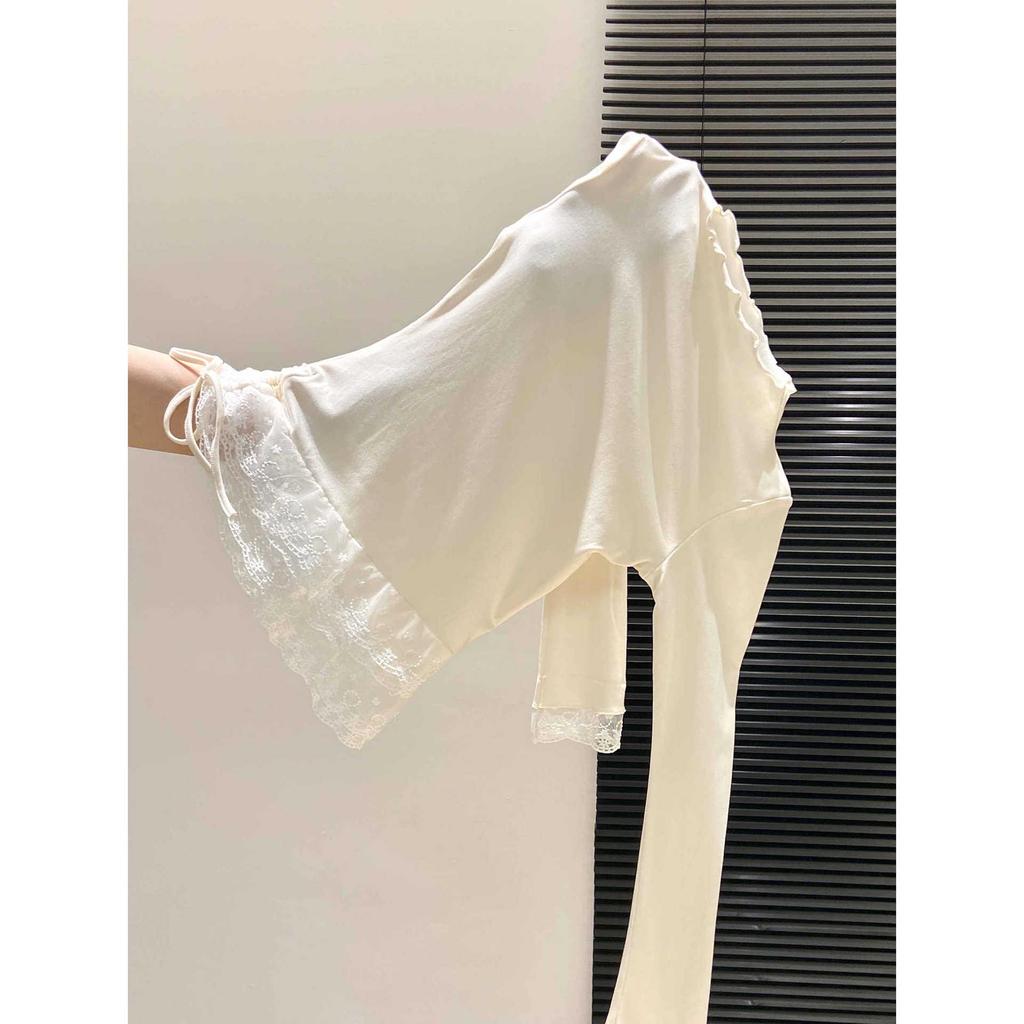 Women's Slim Fit High Neck Lace Trim Drawstring Long Sleeve Top for Autumn/Winter