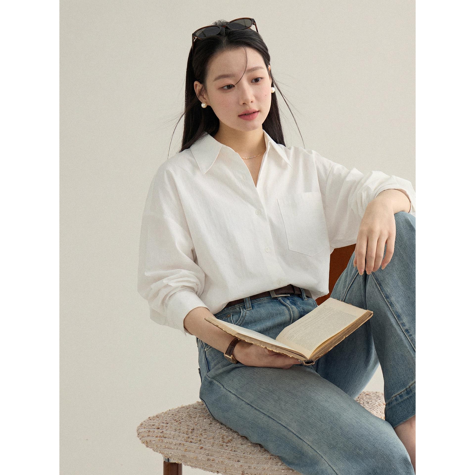 

Spring Overture Women s Solid Color Polo Collar Curved Hem Long Sleeve Loose Shirt One Size (90-150 cm) слоновая кость