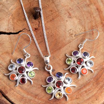 Gioielli in Argento Sterling 925, Set di Gioielli Sette Pietre, Ciondolo Orecchino Chakra, Gioielli Fatti a Mano, Gioielli da Donna