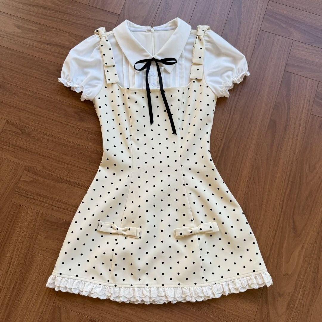 Girls Summer Preppy Fake Two Piece Polka Dot Bow Collar Dress Medium Large Kids Fashion 120