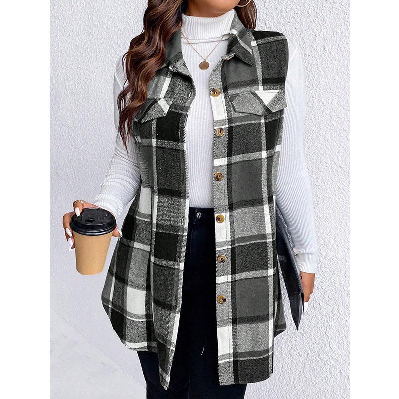 Plus Size Plaid Ärmellose Weste Herbst und Winter Mode Lose Damen Tweed Jacke 4XL schwarz