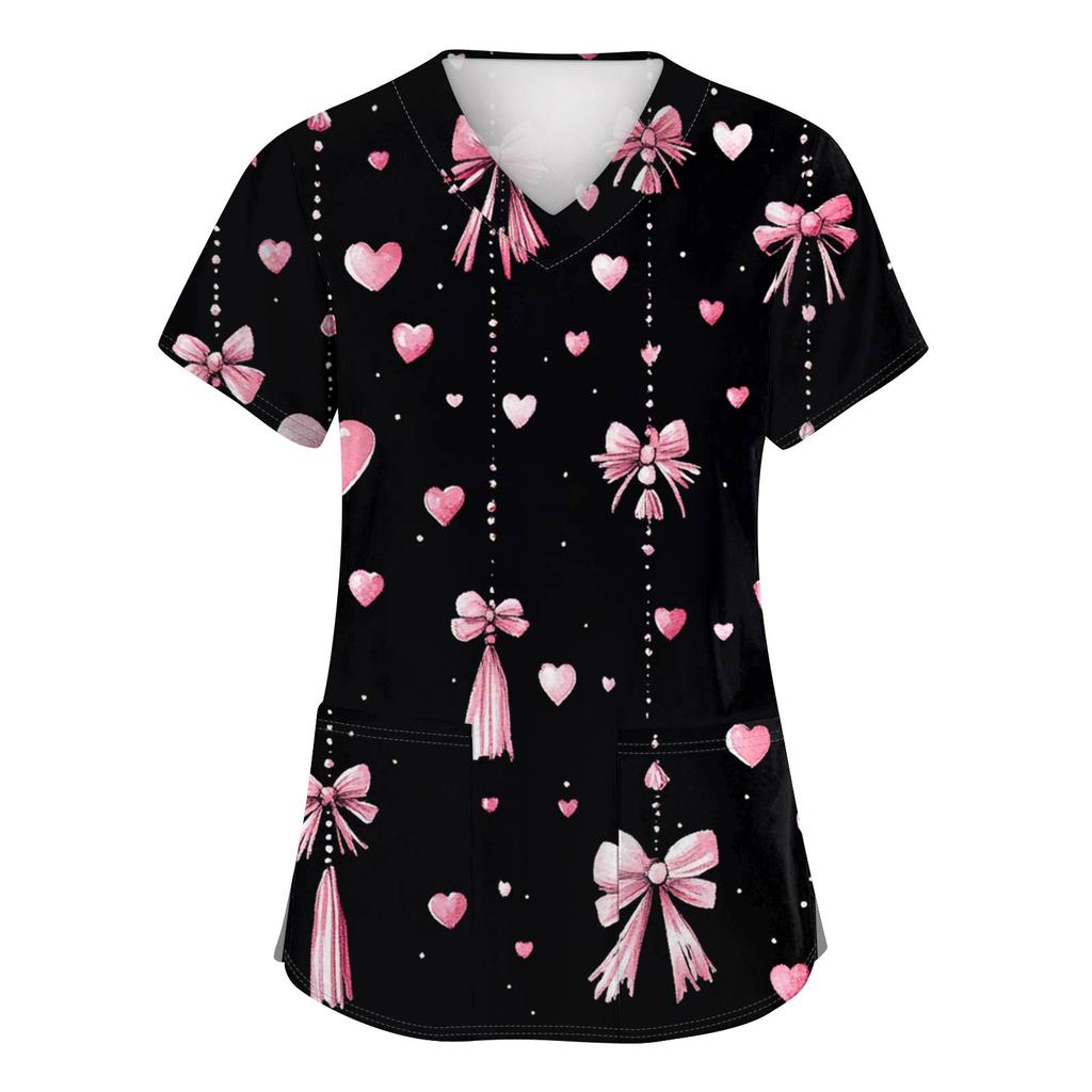 Women's Fashion V-Neck Short-Sleeved Workwear With Pockets Valentine's Day Printed Top Caregiver Uniform