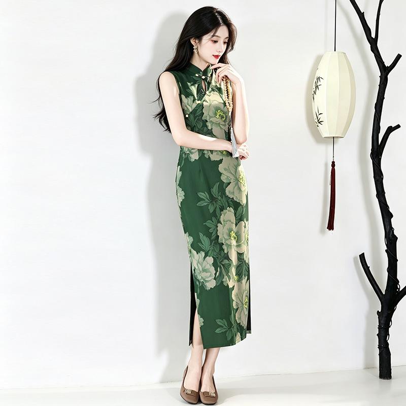 Green sleeveless national style new Chinese style Suzhou daily long cheongsam improved young 1011 new women's high sense