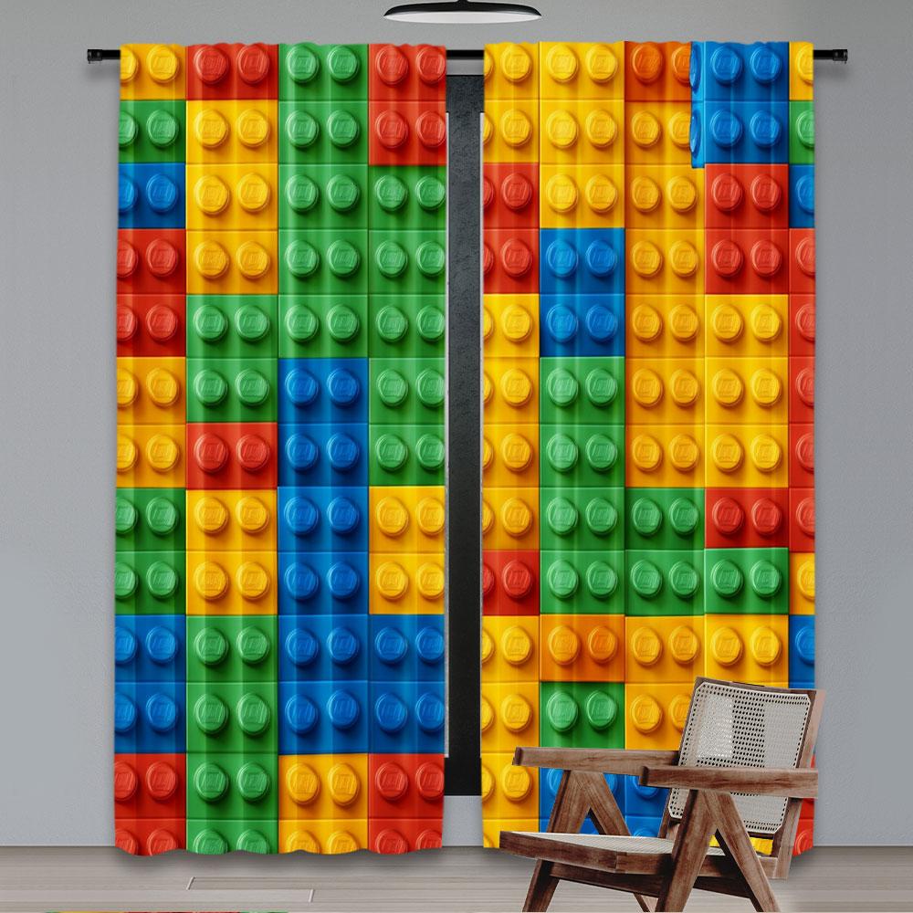 2Pcs Colorful Building Blocks Print Curtain Geometric Blocks Curtain Suitable For Bedroom Bathroom Living Room Dining Room Study