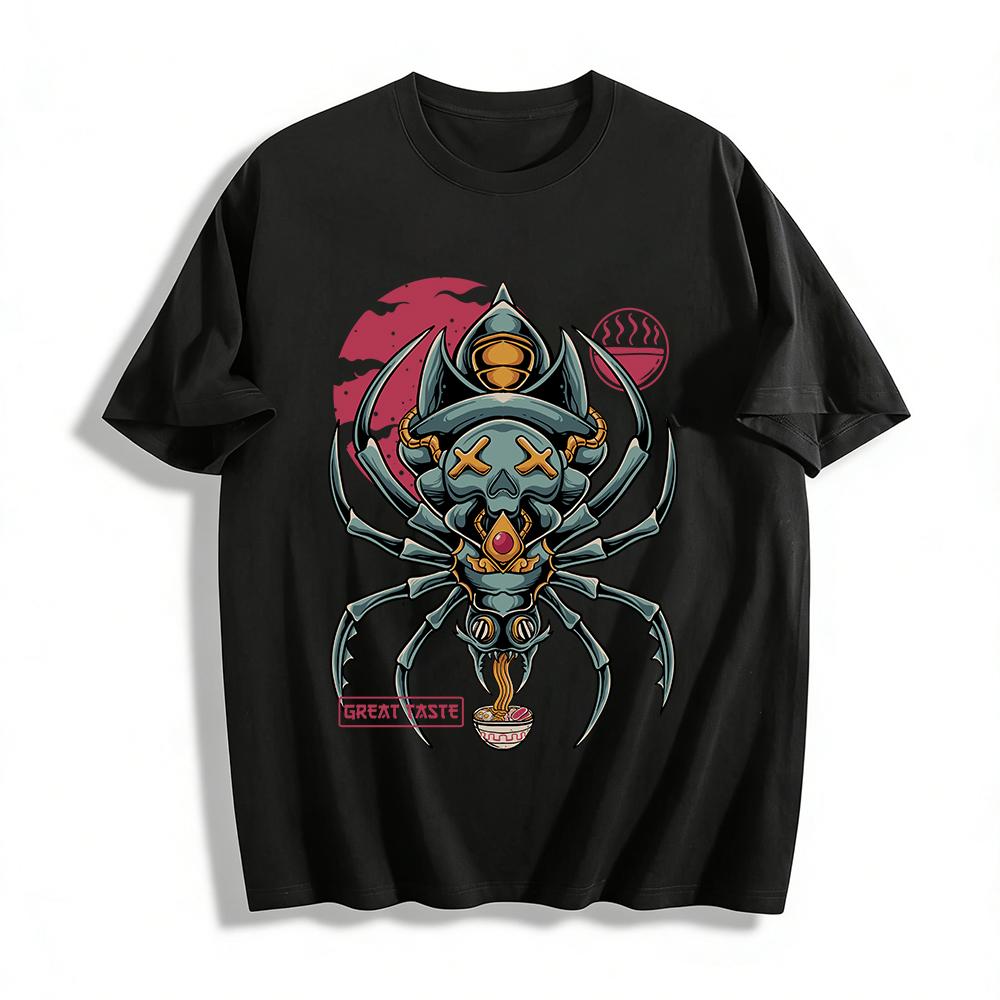 Dark Spider Skull Ramen Print T-Shirt Cool Street Style Top Pure cotton T-shirt XXS