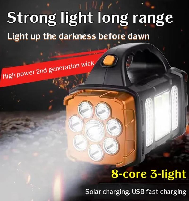 8-core 3-light Vajra Searchlight COB Solar Outdoor Emergency Light Portable USB Rechargeable Camping Lighting Flashlight