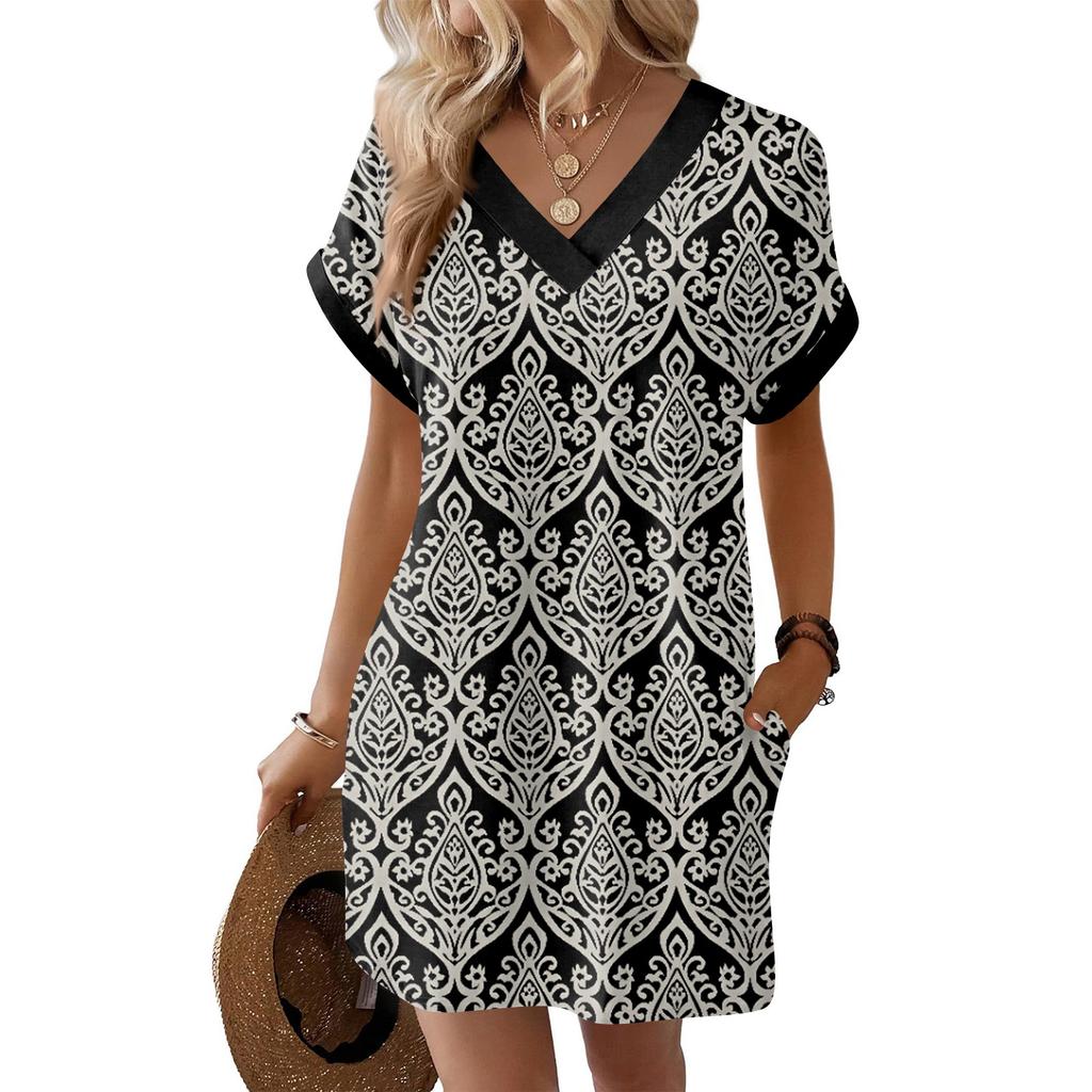 Women's Fashion Print V-Neck Short Sleeve Pocket Casual Pullover Dress