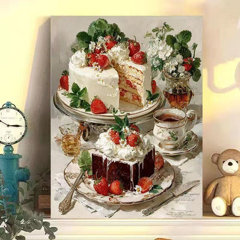 Diy Digital Oil Painting Retro Style Strawberry Cake Series Hand-Filled Coloring Oil Painting Decompression Healing Decoration