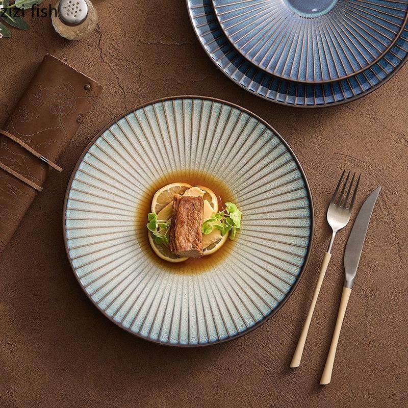 Kiln Changes Striped Ceramic Plate Creative Salad Plate Dessert Plate Italian Noodle Plates Hotel Molecular Cuisine Tableware