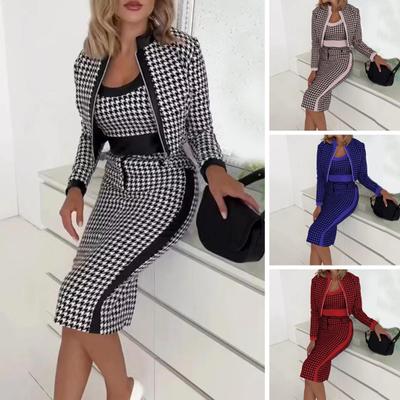 3 Pcs/Set Women Vest Coat Skirt Suit High Waist Zipper Closure Color Matching Herringbone Print Slim Fit Knee Length Skirt Elegant OL Commute