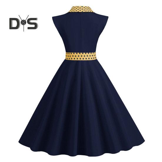 Elegant Ladies Dress Dot Printed Lapel Collar Bow On Waist Sweet Style Casual Party Dress Sleeveless Tight Waist Slim Mid-length Dress Women Summer