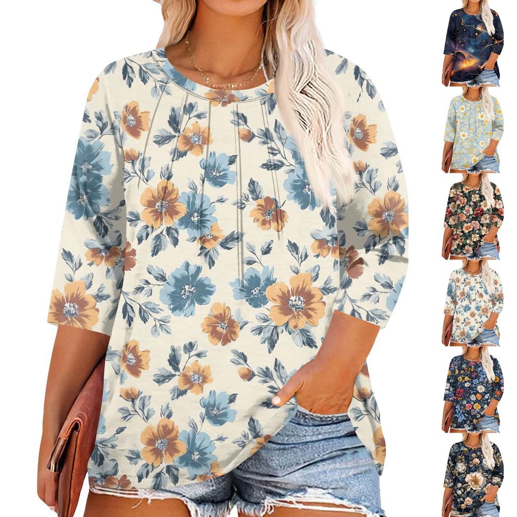 Women's Print Round Neck Plus Size Tops 3/4 Sleeves Elegant Shirt Tops