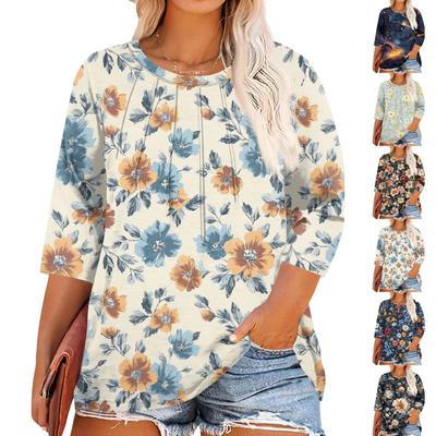 Women's Print Round Neck Plus Size Tops 3/4 Sleeves Elegant Shirt Tops