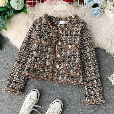 Ny høst Vinter Vintage Tweed Jakke Kåpe Kvinner Liten Duft Patchwork Koreansk Ull Beskjærte Kåper Elegant Kort Yttertøy