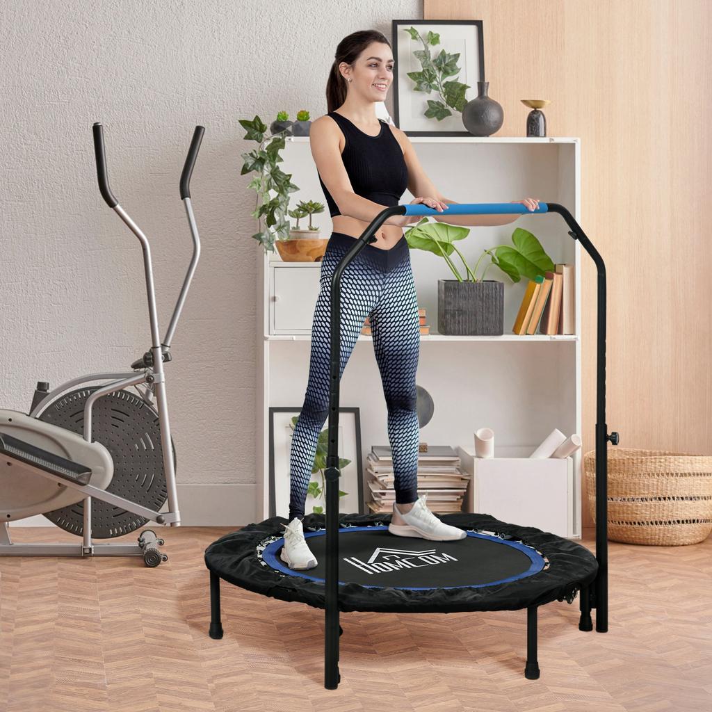 40 Zoll faltbares Mini-Fitness-Trampolin, mit verstellbarem Schaumstoffgriff, Blau