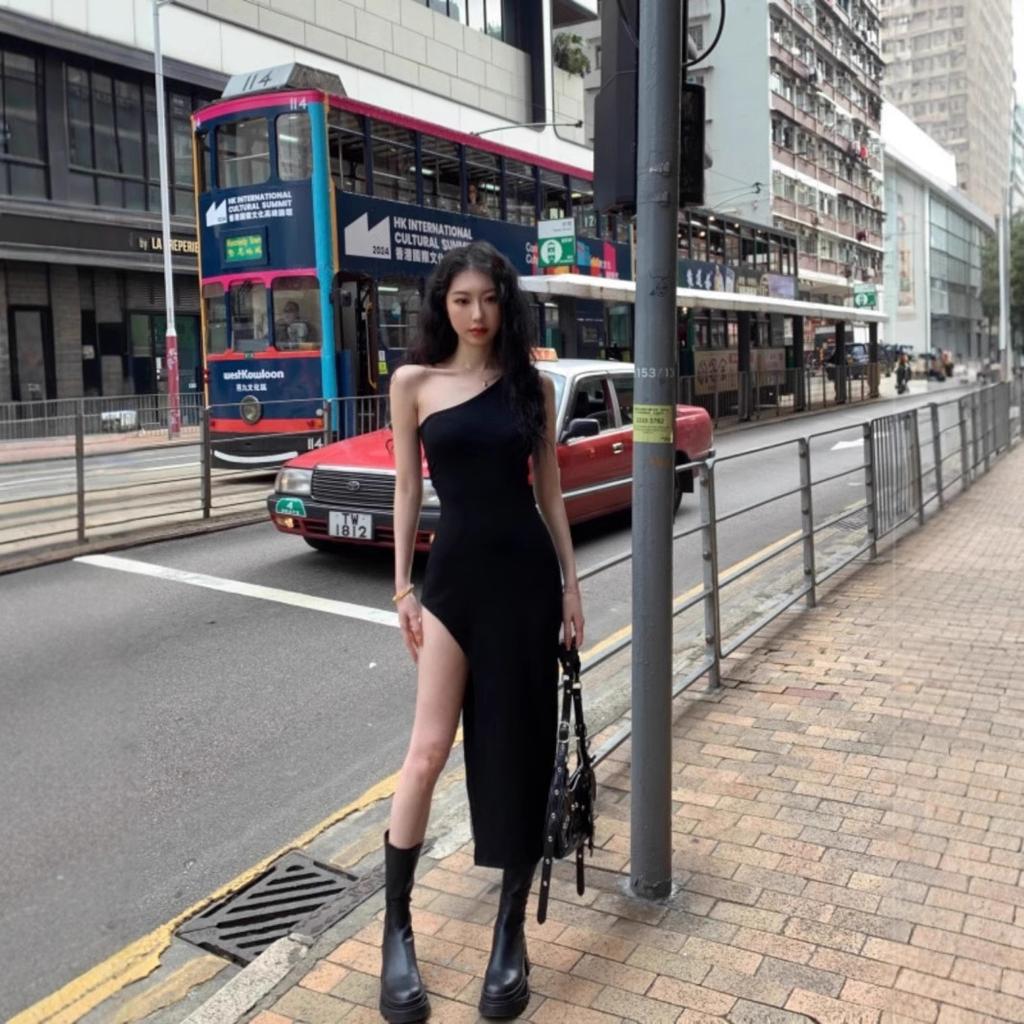 Black Spice Girl Split Medium and Long Dress One Shoulder Sleeveless Vest Dress Women's Summer Sex Waist Hip Wrap Skirt