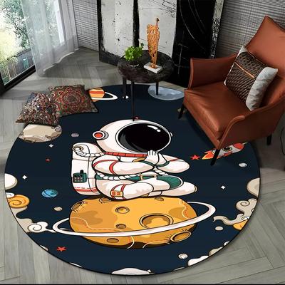 Cartoon Astronaut Round Carpet Universe Outer Space Planet Print Area Rug Anti-Slip Kid Bedroom Nursery Playroom Crawl Floor Mat