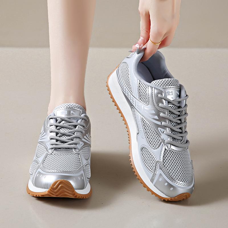 Breathable Mesh Platform Sports Sneakers Women Fashion Sliver Thick Bottom Vulcanized Shoes Woman Comfy Lace Up Tennis Shoes