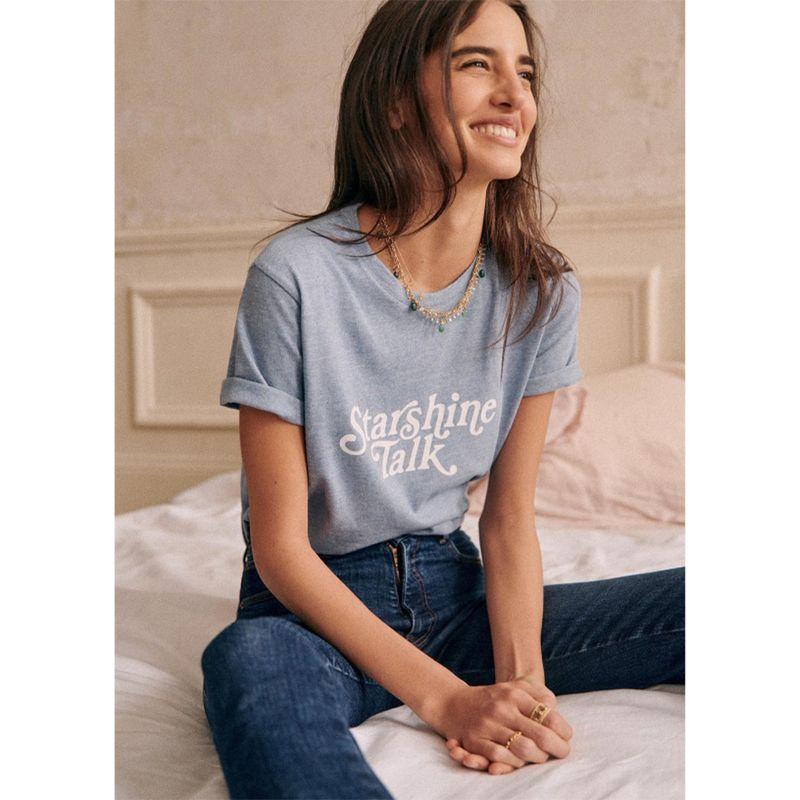 

[Discount Season] French Minority Cooperation Blue Letter Print Short-Sleeve T-shirt Figure S