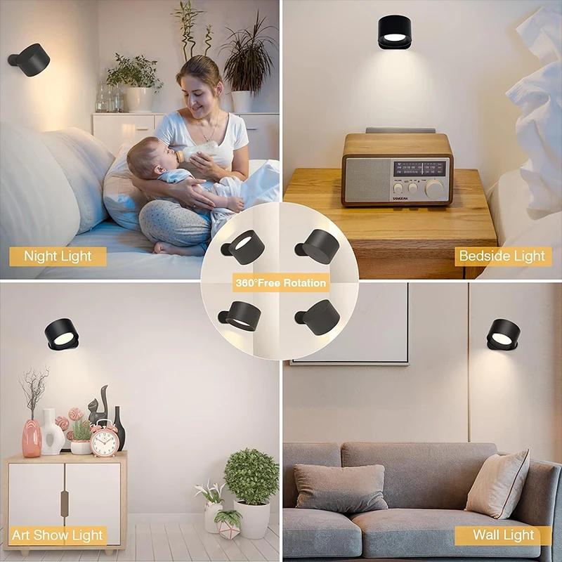 LED Vegglampe Berøringskontroll Fjernkontroll 360 Roterbar USB Oppladbar Trådløs Bærbar Nattlys For Soverom Leselampe