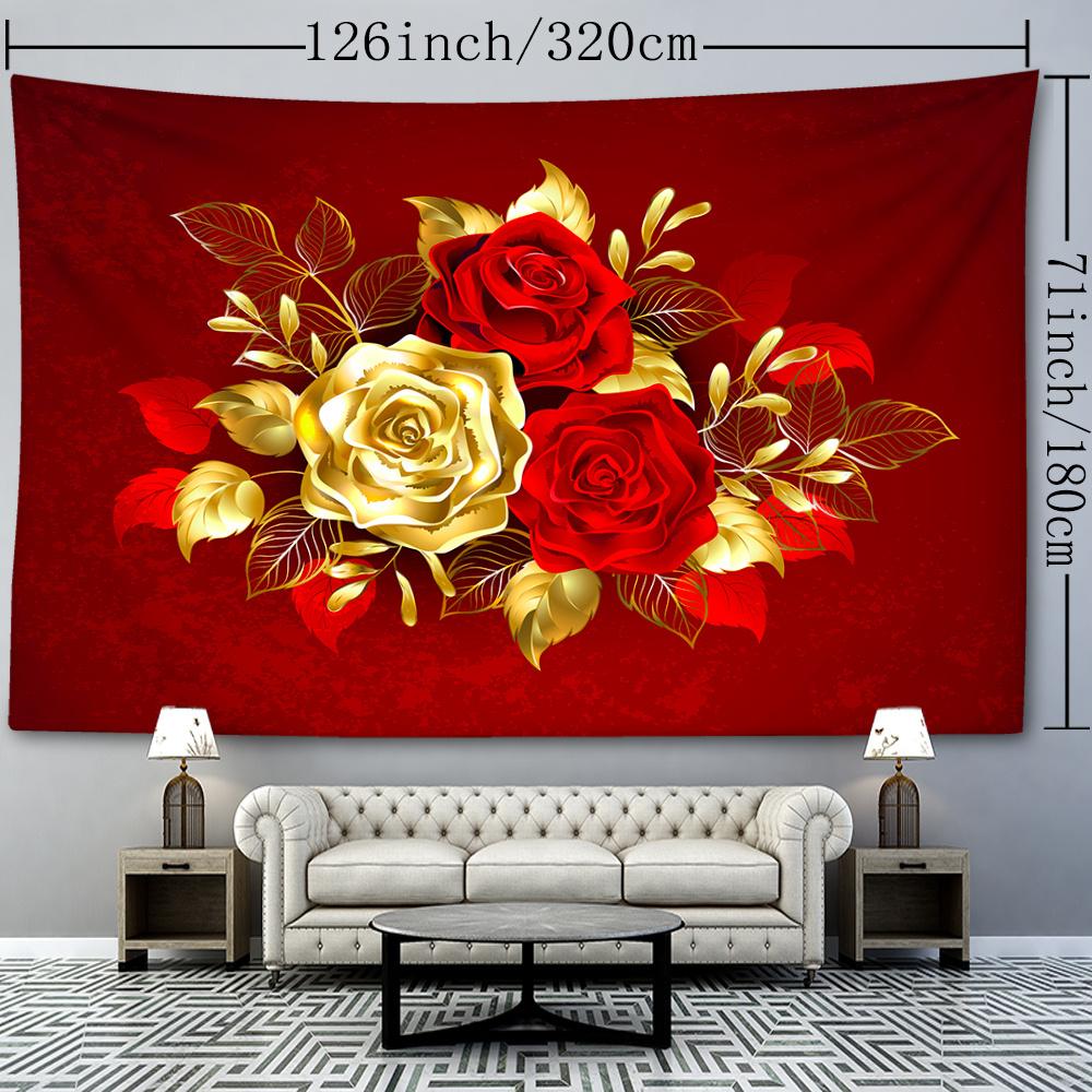 1pc Red and Golden Roses Floral Tapestry Wall Hanging - Polyester Brushed Fabric, Animal Theme, Woven Portrait Orientation, No Electricity Needed, 90g