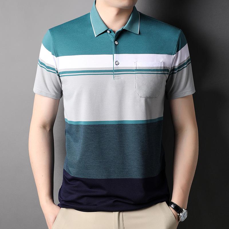 Striped Real Pocket Short-Sleeved Lapel T-Shirt, Father Dress Casual Polo Shirt Breathable Top Men