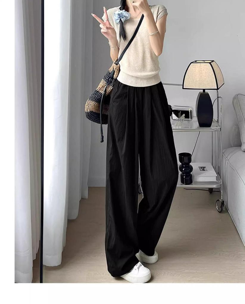 Women's Summer Pink Ice Silk Wide-Leg High-Waist Pants - Petite 145